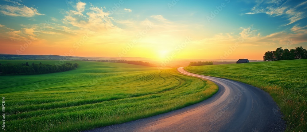 Road with a sunset in the background. The road is surrounded by a lush green field. The sky is filled with clouds, and the sun is setting in the distance. The scene is peaceful and serene Road with a sunset in the background. The road is surrounded by a lush green field. The sky is filled with clouds, and the sun is setting in the distance. The scene is peaceful and serene