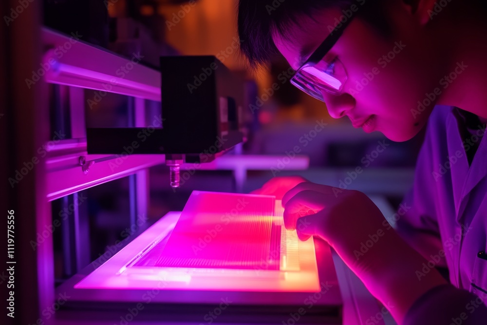 Focused Laboratory Research in a Modern Lab Setting Using Advanced Technology and Bright Color Lighting to Enhance Scientific Study and Experimentation Focused Laboratory Research in a Modern Lab Setting Using Advanced Technology and Bright Color Lighting to Enhance Scientific Study and Experimentation