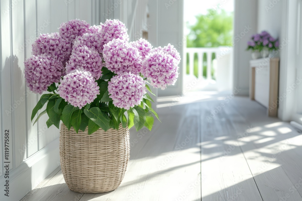 Fototapeta premium Minimalist interior bright white walls wooden flooring open doorway