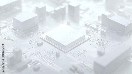 A white square in the center of a circuit board with some wires and chips around it, 3D rendering style, simple background, futuristic technology feel.