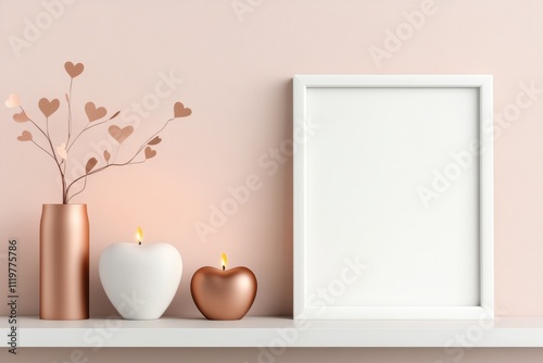 valentines day decor, a white frame displayed on a subtle white shelf, complemented by delicate blush tones and intricate paper cut-outs, creating a stylish valentines day setting