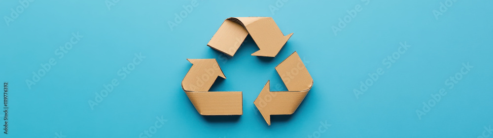 Recycling symbol made of cardboard on blue background, promoting sustainability and eco friendliness Recycling symbol made of cardboard on blue background, promoting sustainability and eco friendliness