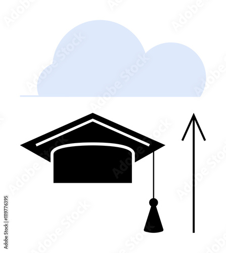 Graduation cap with a tassel next to an upward arrow and cloud. Ideal for education, academic success, graduation ceremonies, career growth, motivation, aspirations, future planning. Line metaphor