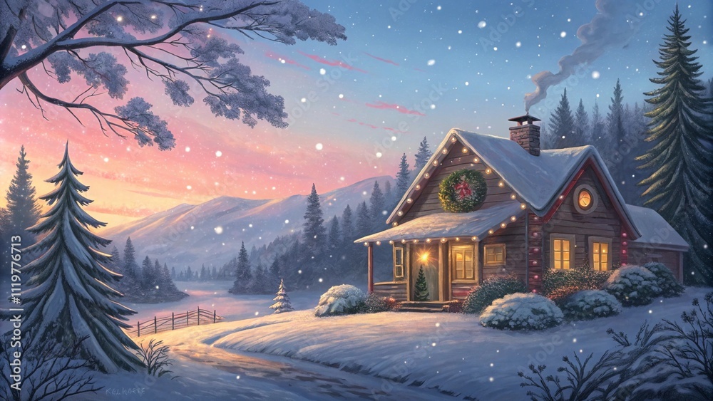 Fototapeta premium Bright background for New Year, Christmas card with symbols of winter: snowflakes, Christmas toys and Christmas tree. For creating holiday greetings and decor in traditional colors.