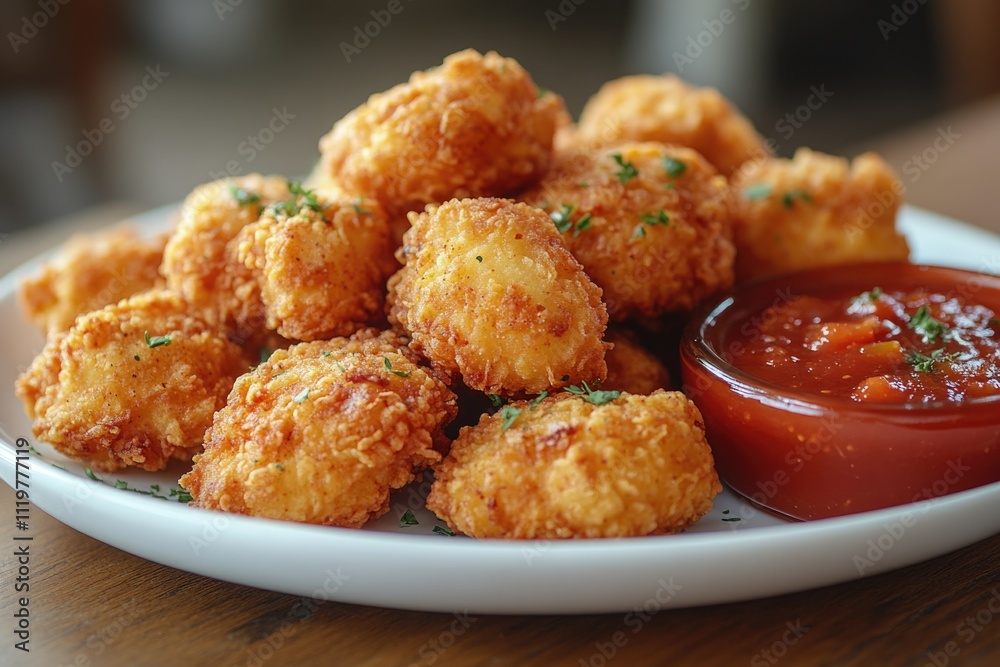 A plate of crispy fried tater tots served with a side of ketchup, perfect for snacks or meals A plate of crispy fried tater tots served with a side of ketchup, perfect for snacks or meals