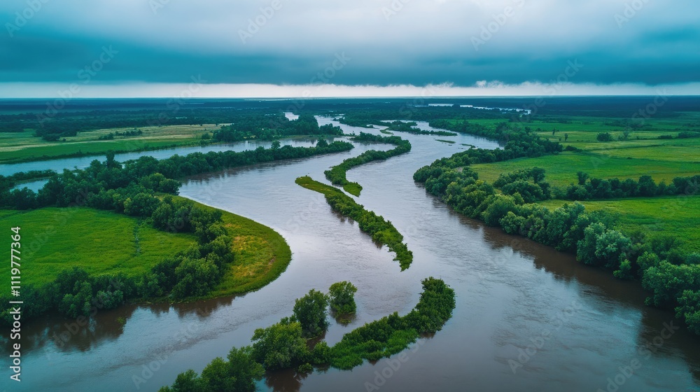 Aerial view of a meandering flooded river surrounded by lush greenery and expansive flood plains under a cloudy sky Aerial view of a meandering flooded river surrounded by lush greenery and expansive flood plains under a cloudy sky