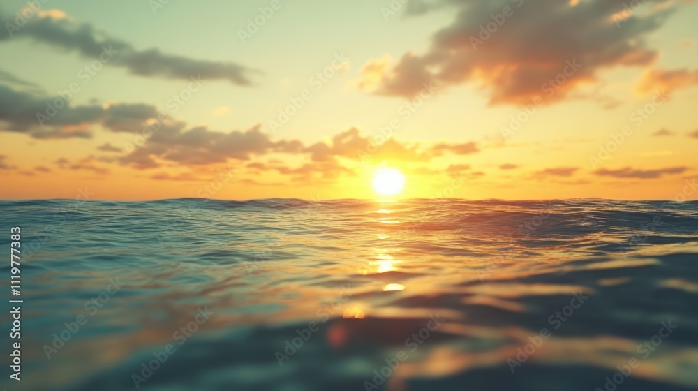 Naklejka premium Serene abstract seascape featuring a vibrant sunset reflected on calm ocean waves with soft clouds in the sky