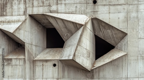 Abandoned Brutalist building facade featuring geometric shapes and concrete textures with broken windows and abstract architecture elements photo