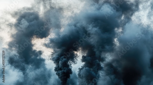 Dark smoke billowing against a cloudy sky symbolizing pollution and environmental issues in an abstract artistic composition