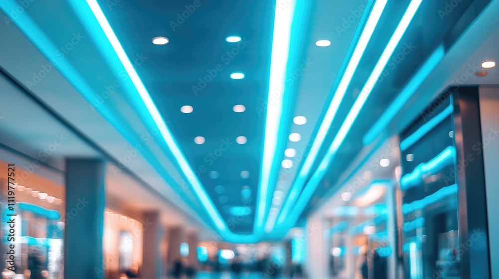 Futuristic perspective of abstract blue neon LED light stripes illuminating a modern mall ceiling interior design.