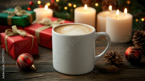 Winter table setting with white ceramic mug cappuccino candles and festive gift boxes ideal for Christmas card designs and cozy holiday themes