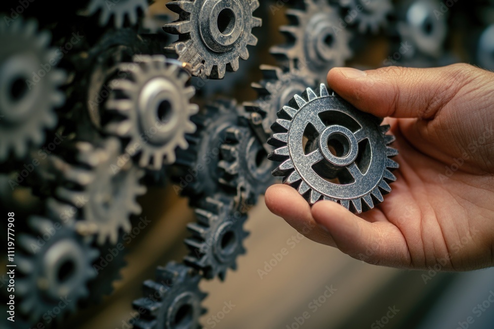 A person holds a metal gear wheel in their hand, potential use in mechanics or DIY projects A person holds a metal gear wheel in their hand, potential use in mechanics or DIY projects
