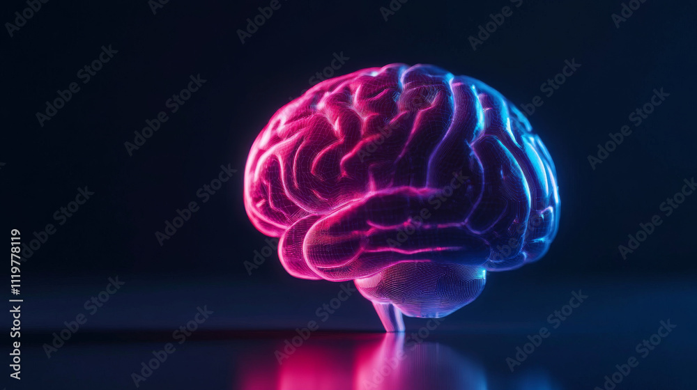 A vibrant, glowing brain illustration showcases intricate neural patterns in shades of pink and blue, symbolizing creativity and intelligence