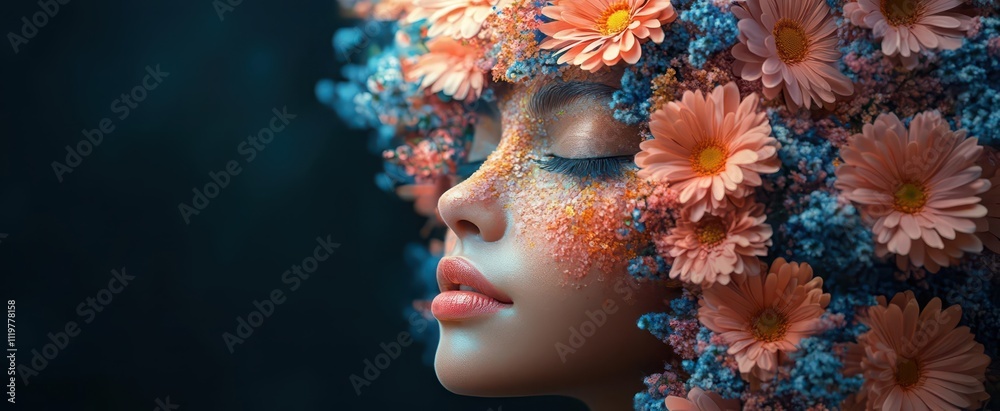 a womans head is gracefully covered with a vibrant array of flowers symbolizing mental health and positivity capturing the essence of joy and psychological wellbeing a womans head is gracefully covered with a vibrant array of flowers symbolizing mental health and positivity capturing the essence of joy and psychological wellbeing
