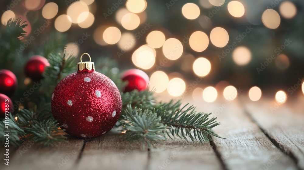 Elegant festive background featuring red Christmas ornaments, bokeh lights, and natural greenery creating a warm holiday atmosphere. Elegant festive background featuring red Christmas ornaments, bokeh lights, and natural greenery creating a warm holiday atmosphere.