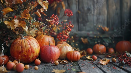 Autumn scene with pumpkins and colorful leaves on rustic wooden background. photo