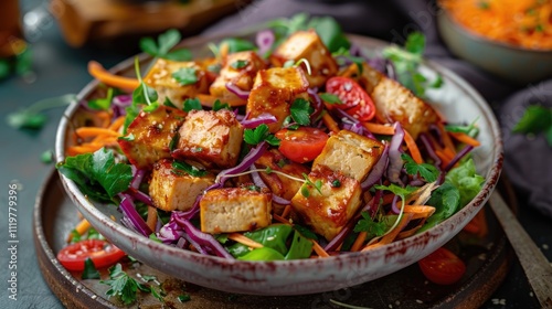 Fresh salad with tofu and mixed vegetables, perfect for healthy meal or lunch