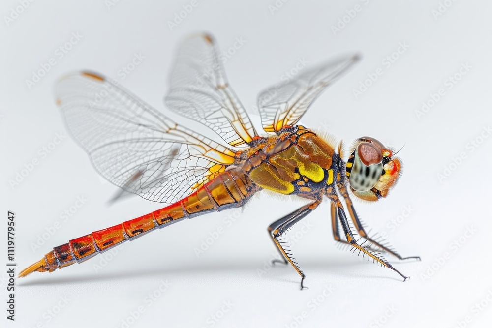 Fototapeta premium Close-up shot of a dragonfly perched on a white surface, its iridescent wings glowing in the light