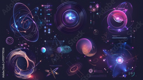 Science elements set concept Quantum Mechanics, formula, curvature of spacetime in a gravitational field, black hole, elements from theoretical physics. Futuristic Quantum Mechanics. Vector collection