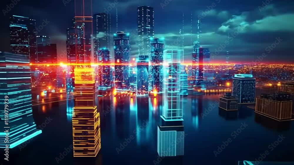 futuristic blue cityscape technical lines