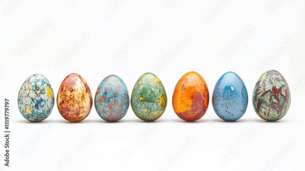 Colorful Easter eggs in a row isolated on a clean white background perfect for festive spring holiday decorations and themes Colorful Easter eggs in a row isolated on a clean white background perfect for festive spring holiday decorations and themes