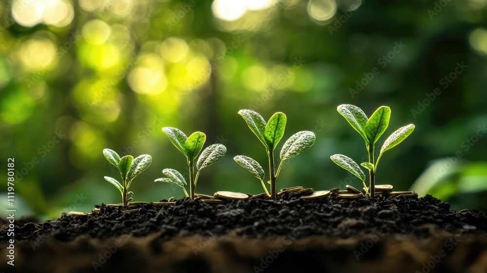 Finance and investment growth concept with seedlings and coins representing asset management and business prosperity in a natural setting