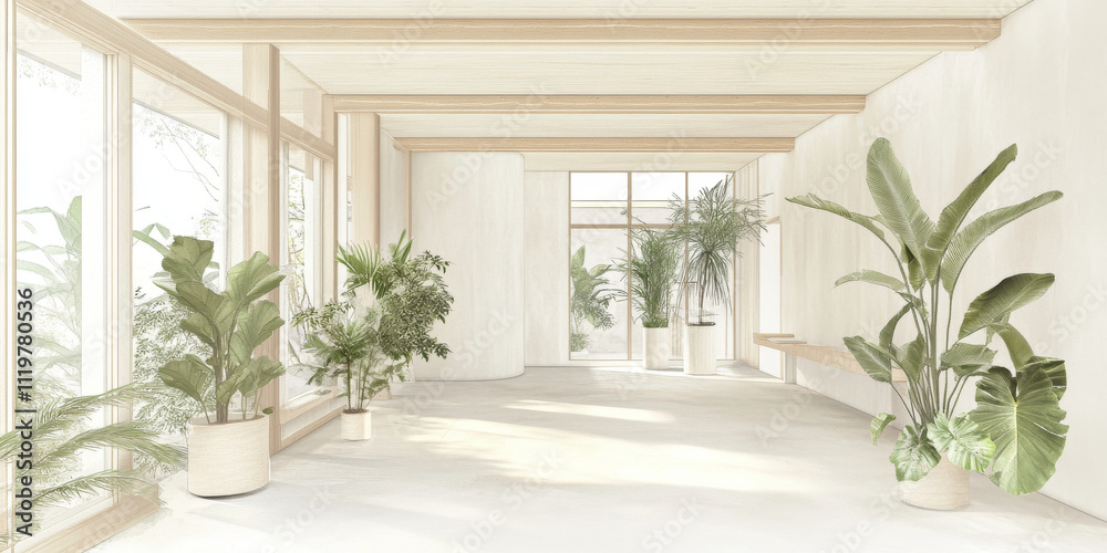 Fototapeta premium A serene interior space featuring lush green plants in stylish pots, complemented by natural light streaming through large windows. minimalist design creates calming atmosphere