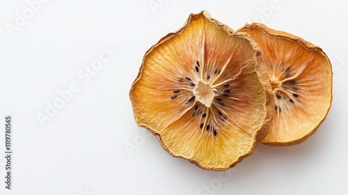 Dried kiwi slices showcasing vibrant colors on a clean white background for culinary and health-related stock imagery.