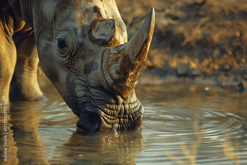 Fototapeta premium A close-up shot of a rhinoceros drinking from a clear waterhole, the texture of its rough skin and sharp horn in sharp focus.