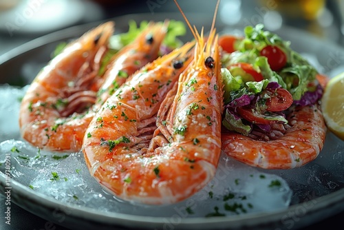 Close-up shot of a delicious-looking plate of food with shrimp as the main ingredient photo