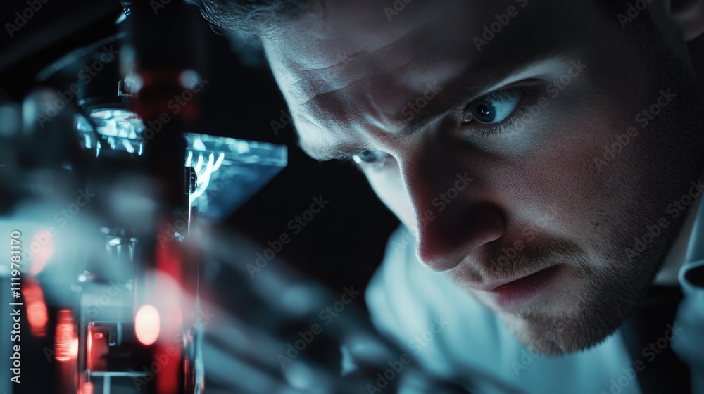 A scientist in a lab coat looks closely at a glass sample, possibly examining its contents or searching for something A scientist in a lab coat looks closely at a glass sample, possibly examining its contents or searching for something