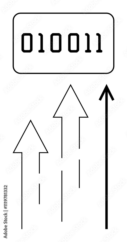 Binary numbers with upward arrows highlight digital growth, progress, technology, innovation, future, efficiency, and development. Ideal for tech themes. Line metaphor Binary numbers with upward arrows highlight digital growth, progress, technology, innovation, future, efficiency, and development. Ideal for tech themes. Line metaphor