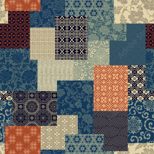 Traditional Chinese style fabric patchwork wallpaper abstract floral vector seamless pattern for shirt fabric wrapping carpet rug tablecloth pillow placemat