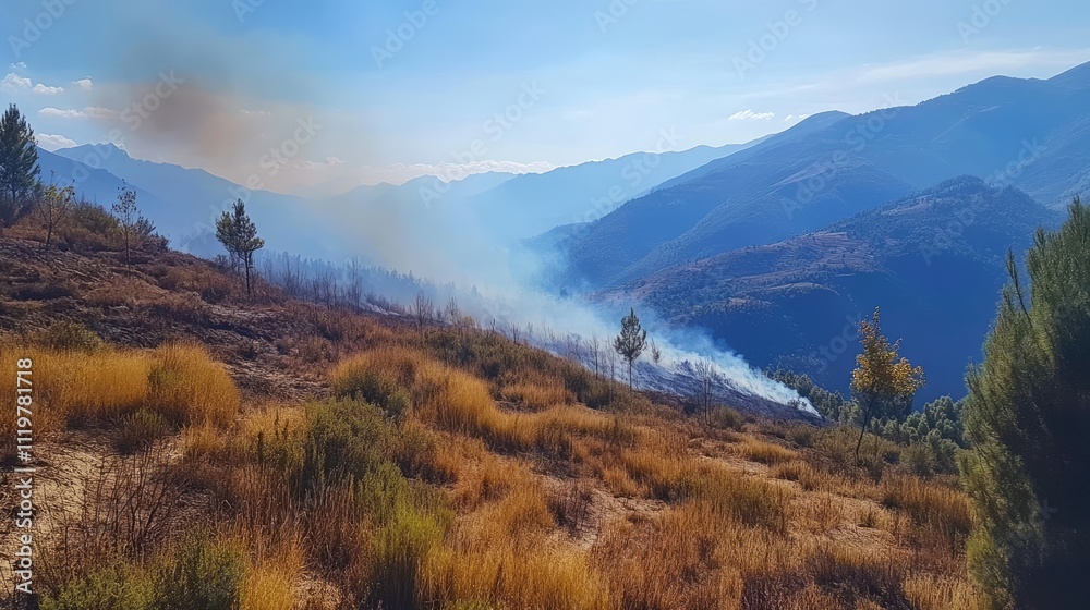 Wildfire spreading through mountainous terrain impacting dry grass shrubs and trees under a clear blue sky