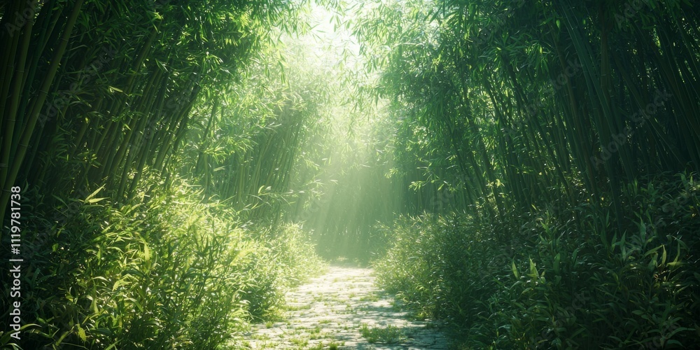 Fototapeta premium Serene Bamboo Forest Path Sunlit Nature Trail Lush Greenery Tranquil Landscape
