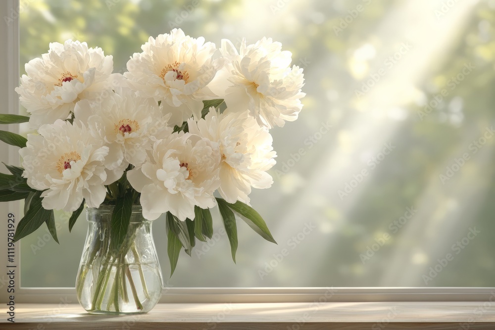 Beautiful peonies arranged in a glass vase on a windowsill with soft sunlight pouring in Beautiful peonies arranged in a glass vase on a windowsill with soft sunlight pouring in