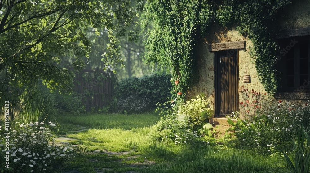Serene Summer Garden with Lush Greenery and Rustic Cottage in Rural Setting Serene Summer Garden with Lush Greenery and Rustic Cottage in Rural Setting