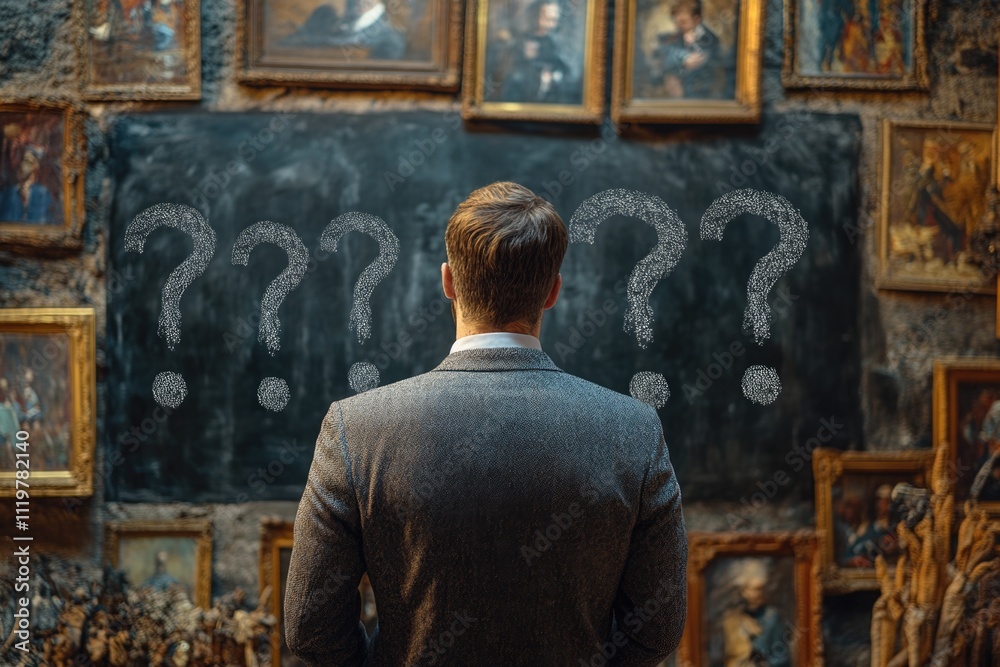 A person stands in front of a blackboard filled with question marks, representing uncertainty or confusion A person stands in front of a blackboard filled with question marks, representing uncertainty or confusion