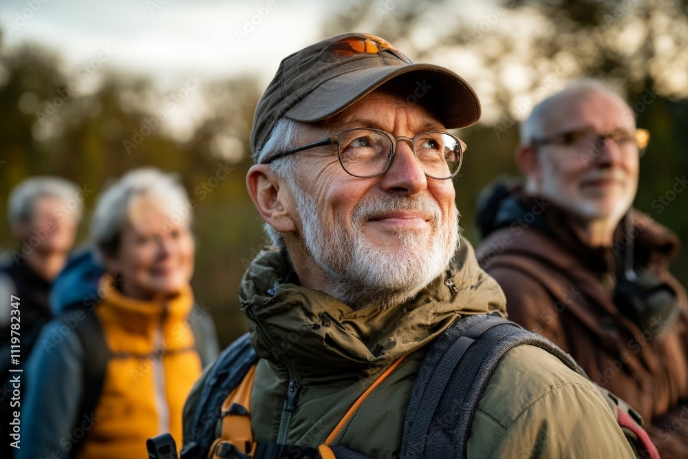 Group of older hikers enjoying a moment in nature during a sunset hike in a scenic outdoor area Group of older hikers enjoying a moment in nature during a sunset hike in a scenic outdoor area
