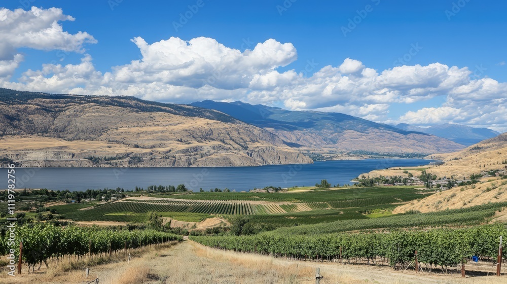 Fototapeta premium Breathtaking vineyard scenery with mountains and lake in a picturesque wine region showcasing lush grape fields and stunning natural beauty