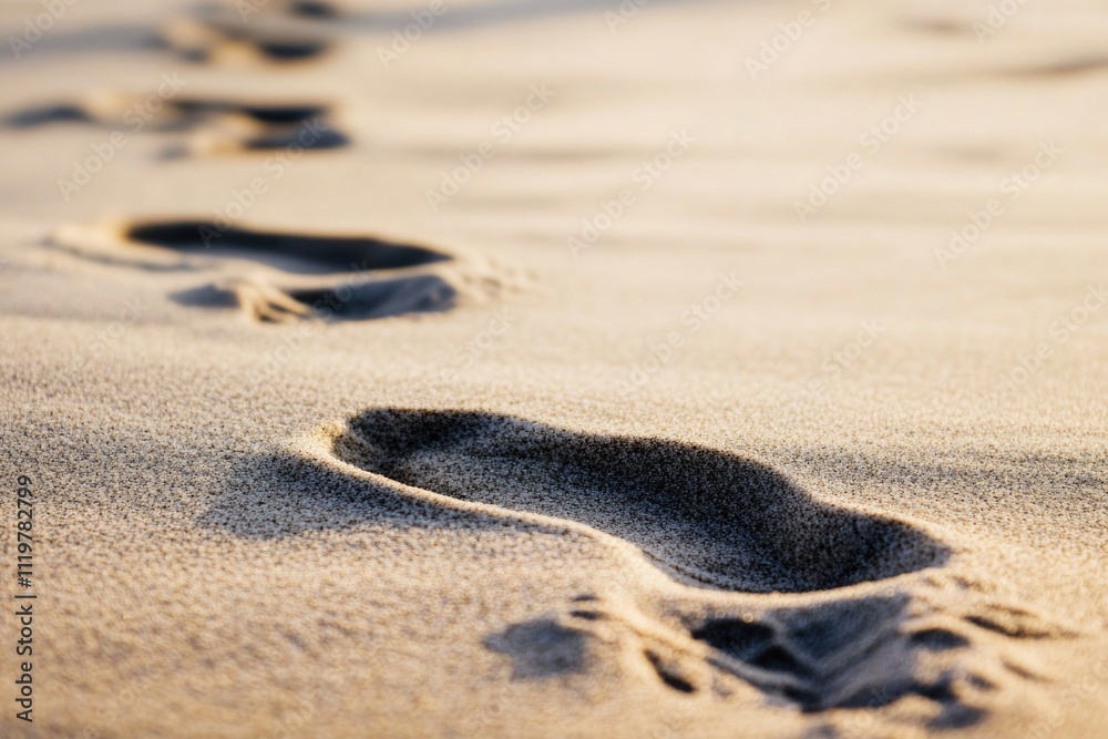 Footprints on a sandy beach, with ocean waves and sky in background Footprints on a sandy beach, with ocean waves and sky in background