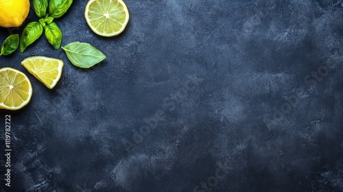 Fototapeta Naklejka Na Ścianę i Meble -  Fresh citrus fruits and basil leaves arranged on a dark textured background for culinary or food design concepts.