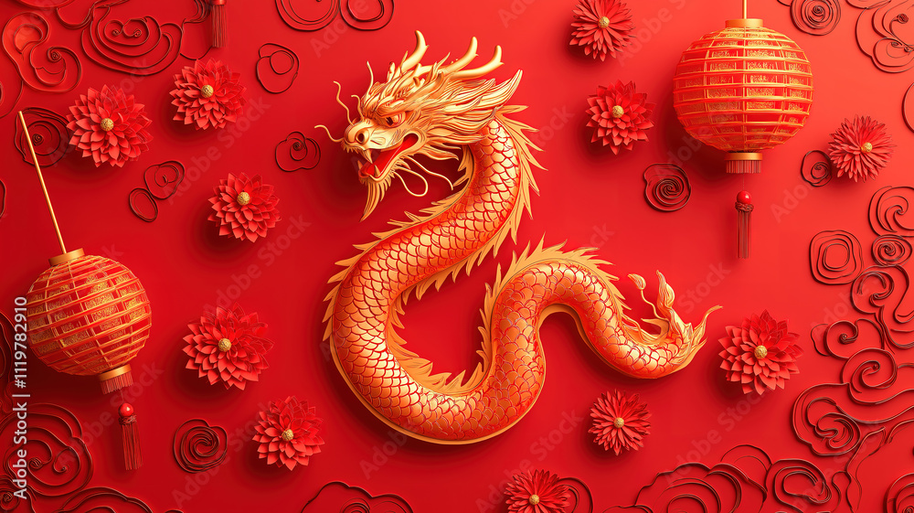 Obraz premium Year of the dragon 2025 festive design with lanterns and asian elements in gold theme