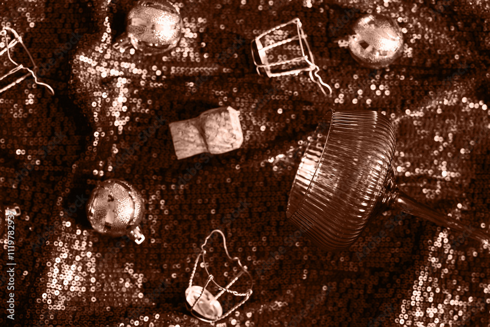 A glass for cocktail, champagne corks and christmas balls on shimmering fabric background. Xmas and new year celebration concept. Festive and party theme. Color of 2025 inspired A glass for cocktail, champagne corks and christmas balls on shimmering fabric background. Xmas and new year celebration concept. Festive and party theme. Color of 2025 inspired
