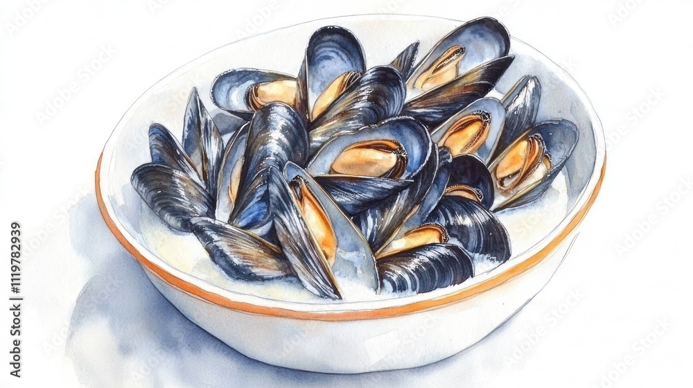 A watercolor illustration of a bowl filled with mussels. A watercolor illustration of a bowl filled with mussels.