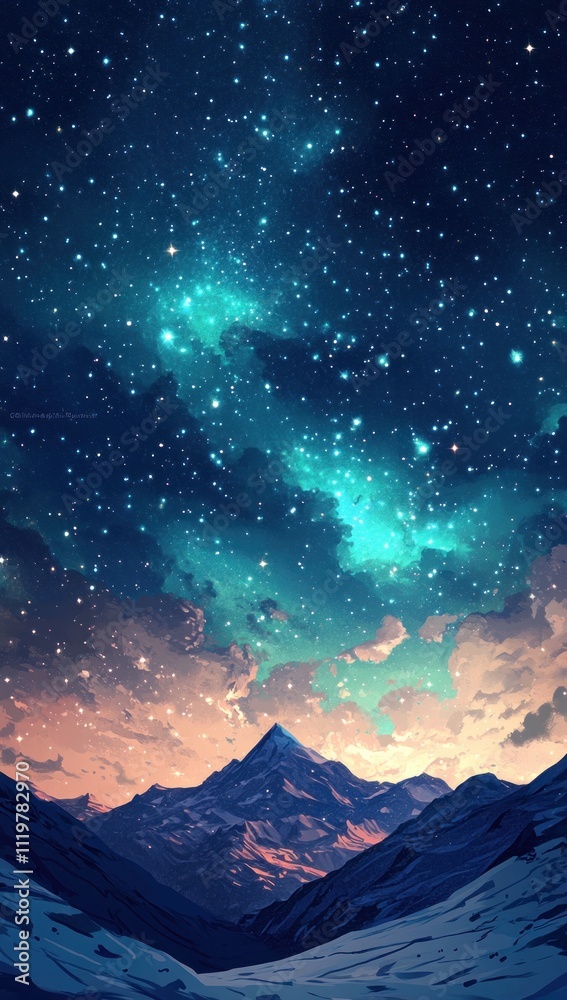 Starry Night Sky Above Majestic Mountain Peaks Starry Night Sky Above Majestic Mountain Peaks