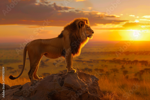 A lion standing on a rocky outcrop at sunrise, its mane glowing in the golden light as it surveys the vast savanna below.