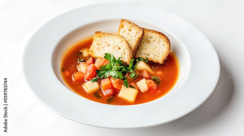 Vegetable soup with fresh ingredients served in a white bowl with toasted bread against a clean white background Vegetable soup with fresh ingredients served in a white bowl with toasted bread against a clean white background