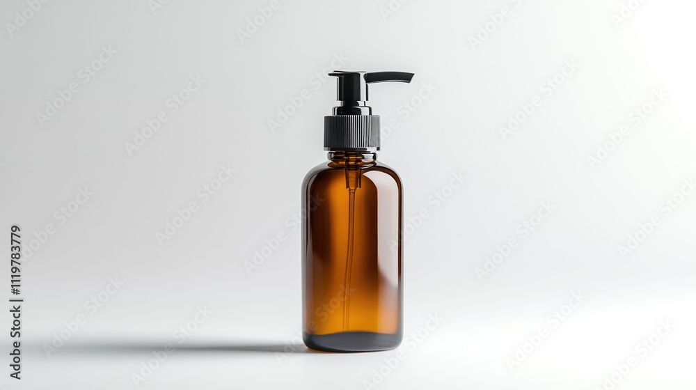 Amber glass pump bottle for cosmetics on a white background with a sleek design showcasing its elegant and modern appearance. Amber glass pump bottle for cosmetics on a white background with a sleek design showcasing its elegant and modern appearance.