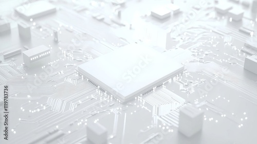 A white square in the center of a circuit board with some wires and chips around it, 3D rendering style, simple background, futuristic technology feel.